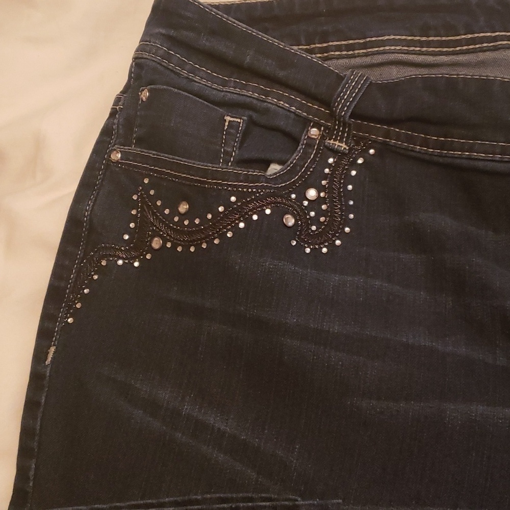 Chico's Jeans Platinum Dark denim Boot cut with Rhinstone pockets - Picture 2 of 9
